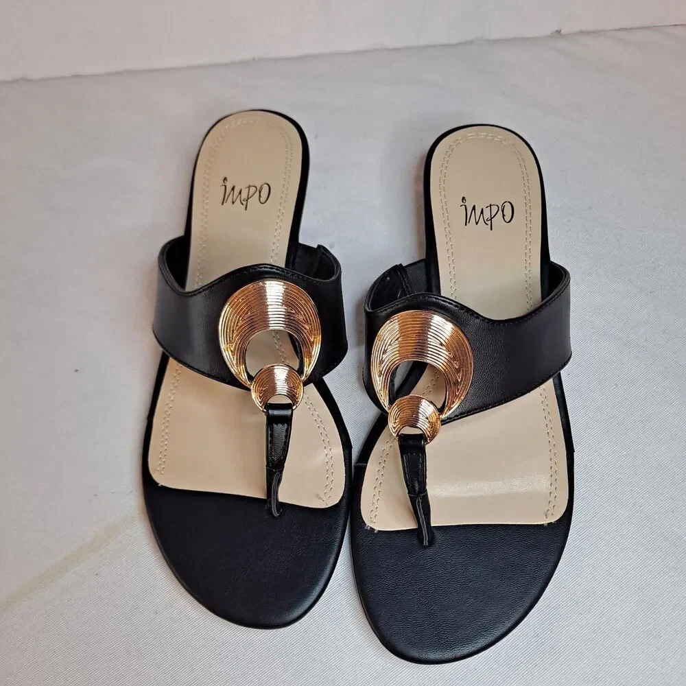 Impo Ronette Slide Sandals Women's 7.5 Black Gold Circle Cork Wedge Heel
